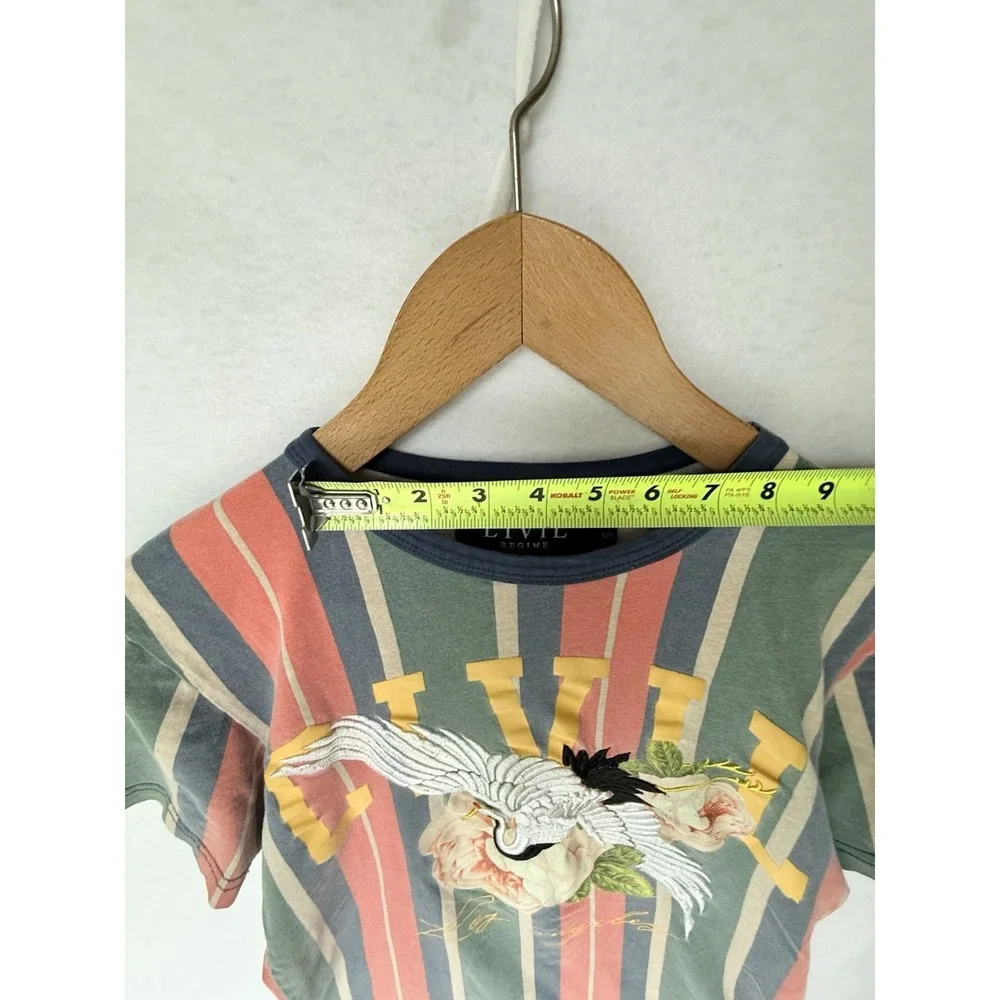 Civil Regime Stripe T-Shirt Bird Crane Roses LA Floral Los Angelas Cotton‎ Small